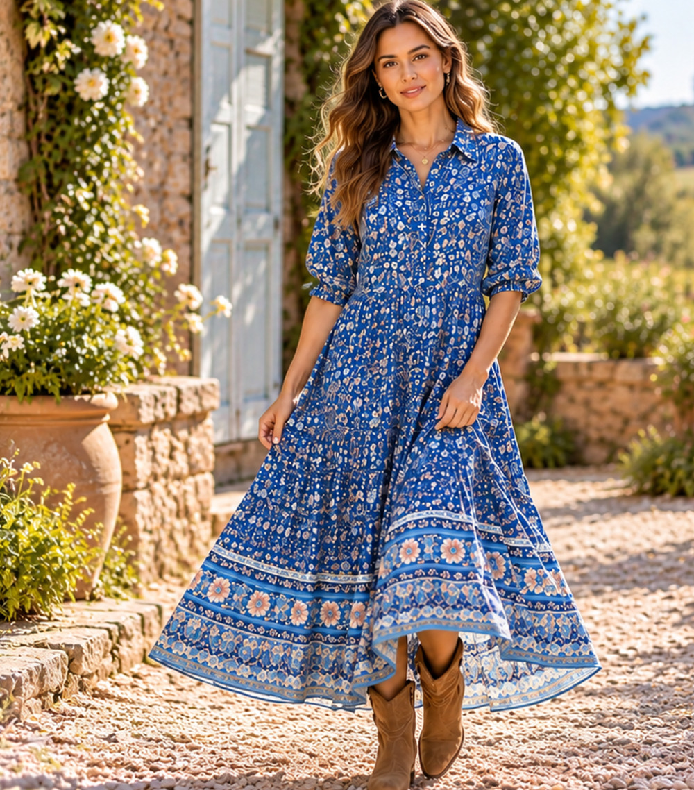 Natural Life Charlotte Midi Dress Blue Patchwork Floral Boho Pocket Sz L Cottage